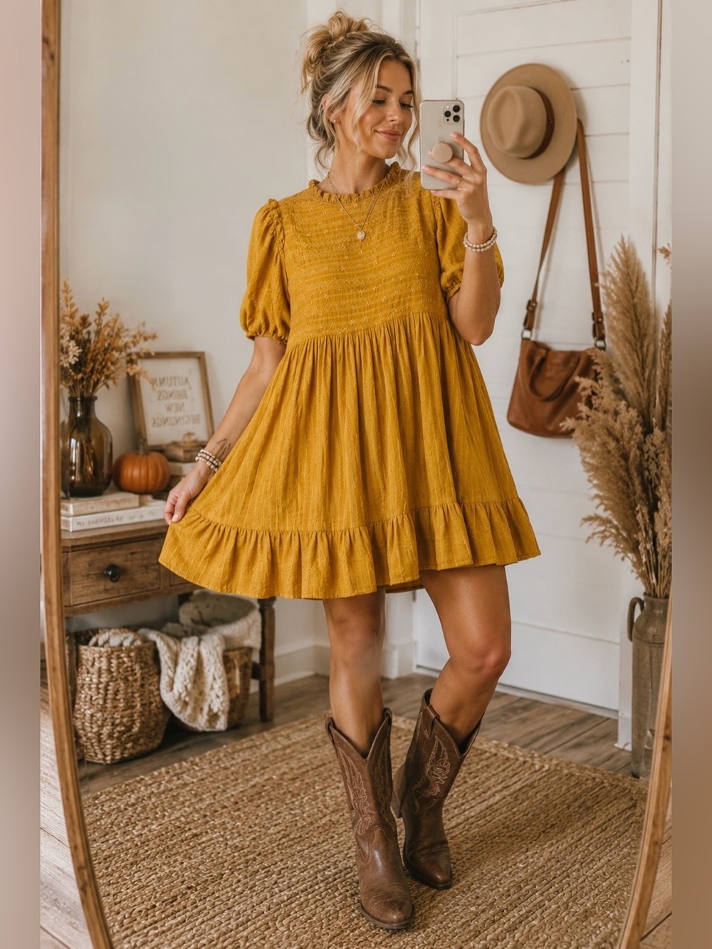 Universal Thread Mustard Cotton Embroidered Babydoll Mini Dress Size Small